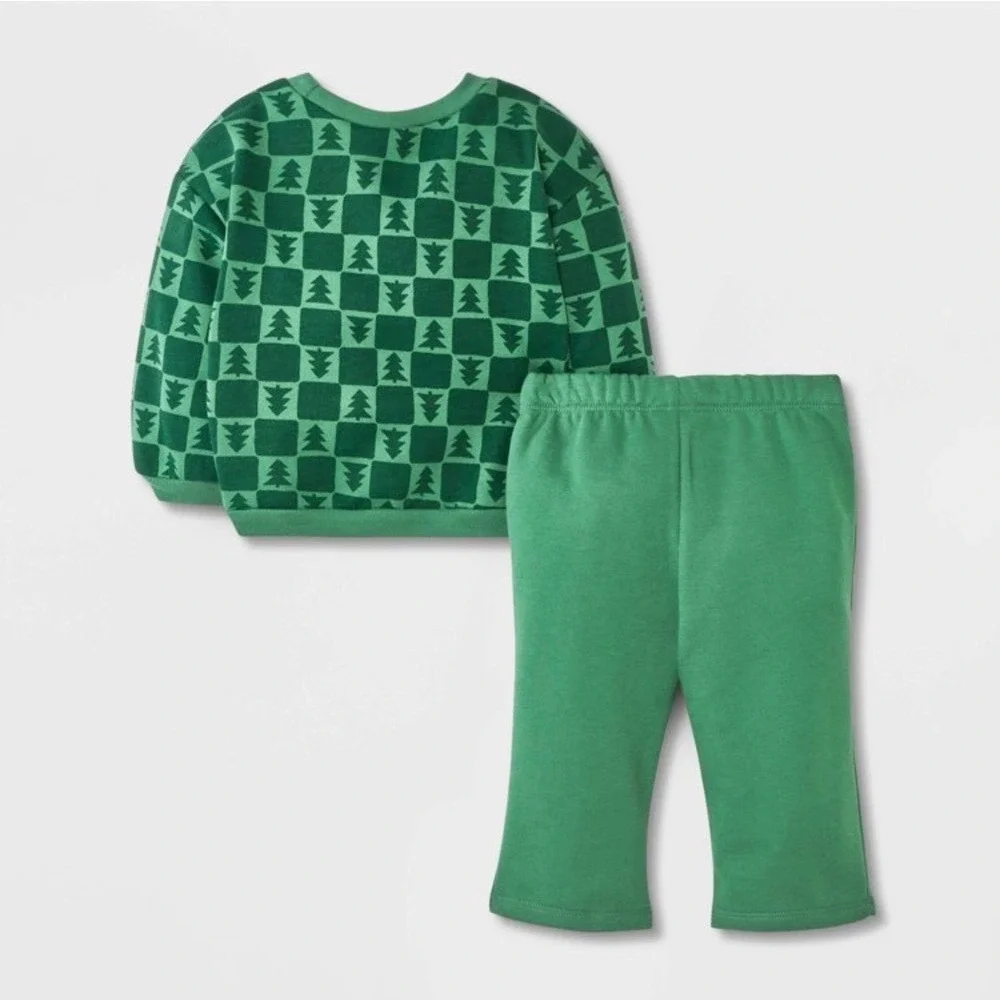 Cat & Jack Baby Green Tree Checkered Long Sleeve Sweatshirt Pants Outfit NB‎
